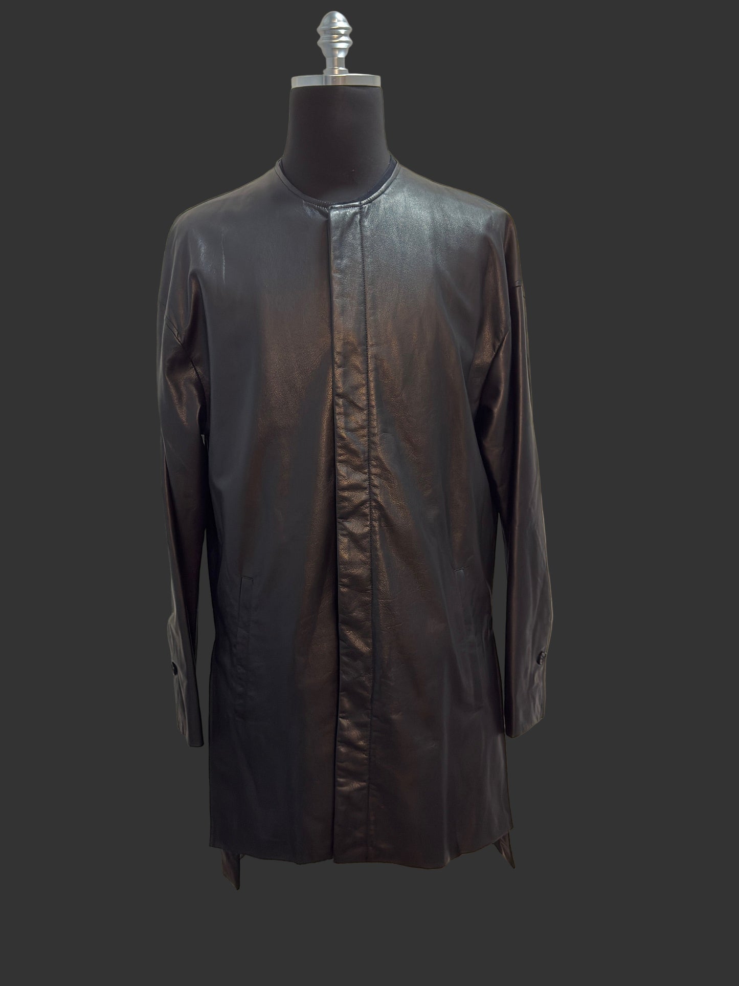 Black Japanese Steer Leather Collarless Car Coat