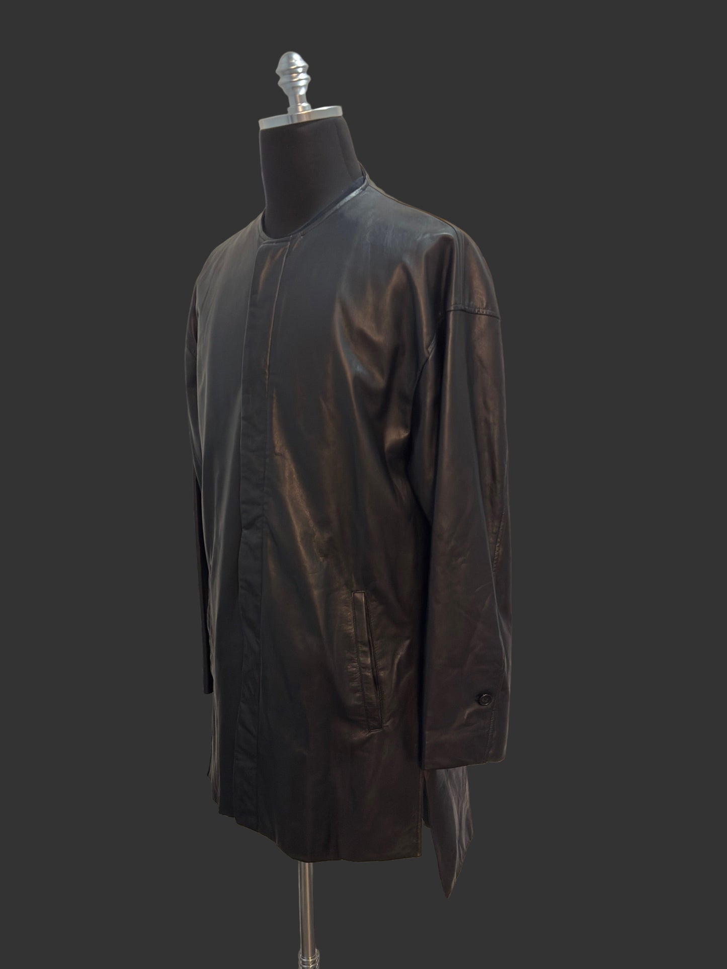 Black Japanese Steer Leather Collarless Car Coat