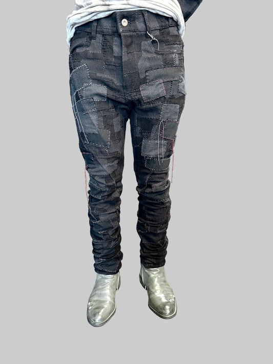 Black Hand Patchwork Crust Jacquard Overlock Twist Curve Pants