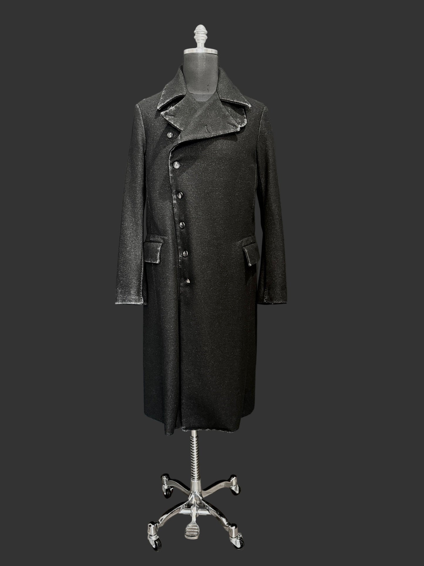 Washed Black Asymmetrical Button Wool Coat