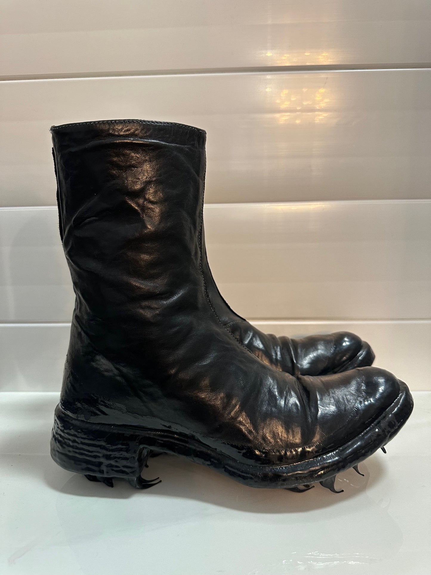 Black Object Dyed Lined Diagonal Zip Rubber Drip Goodyear Boots by Carol Christian Poell