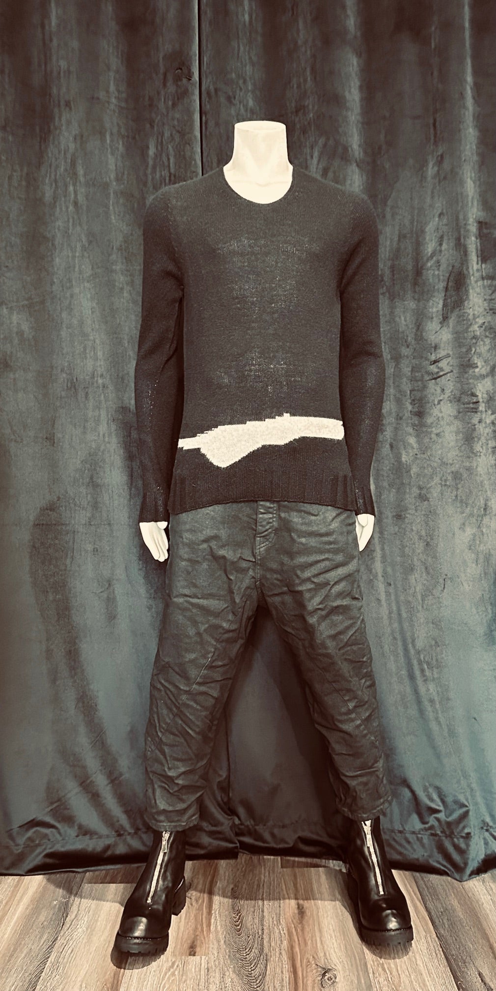 Black with Off-White Cashmere Wool Crewneck Sweater