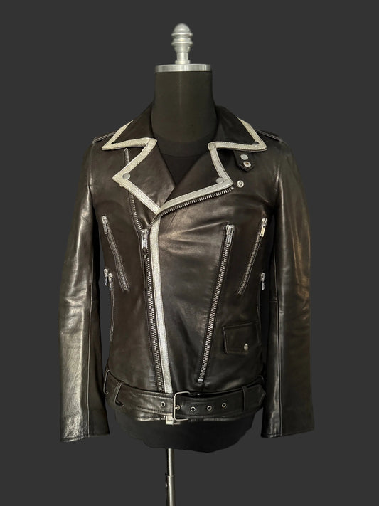 Black with Silver Trim Collar Multi Zipper Perfecto Leather Jacket by Christian Benner