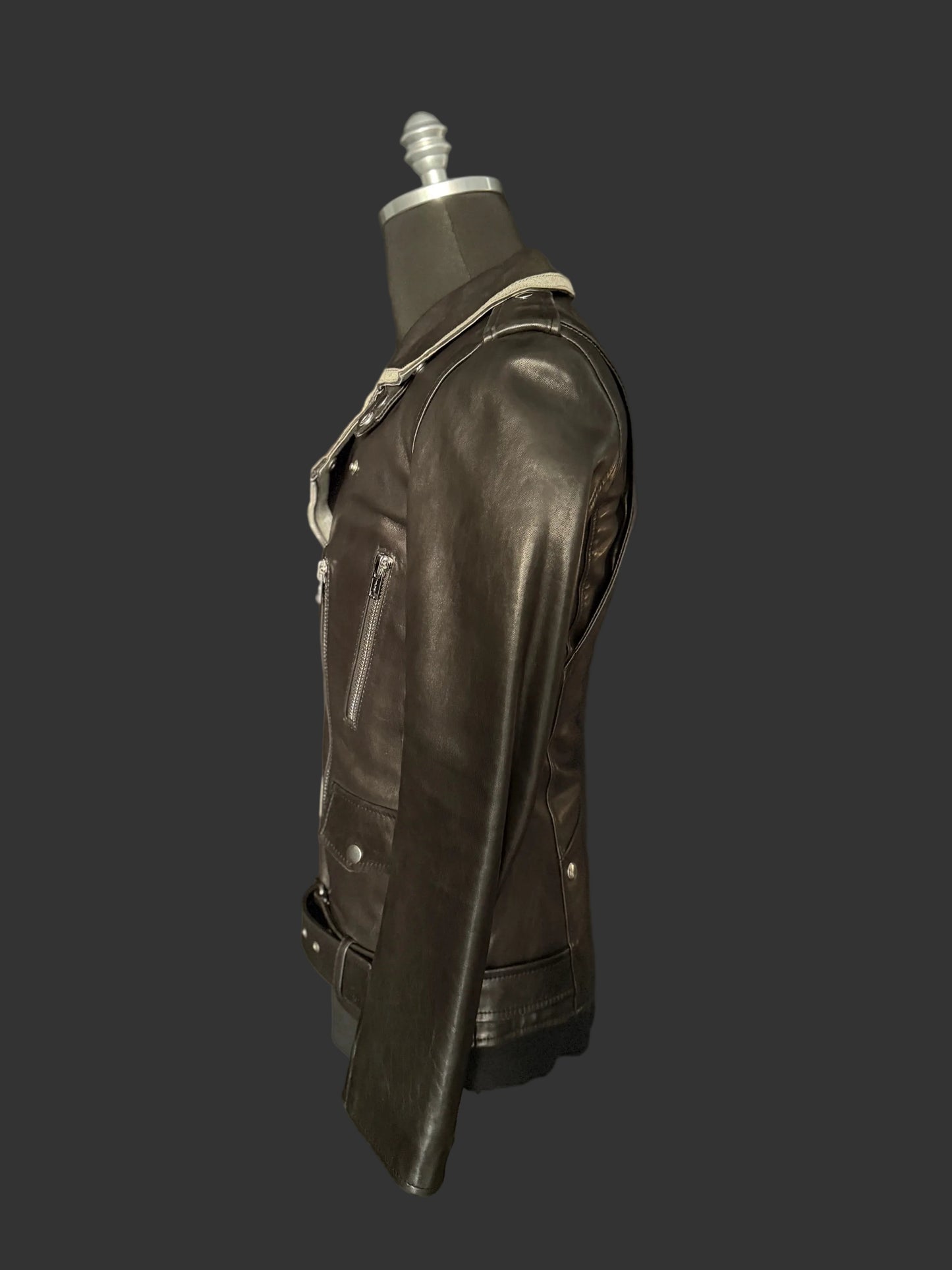 Black with Silver Trim Collar Multi Zipper Perfecto Leather Jacket by Christian Benner