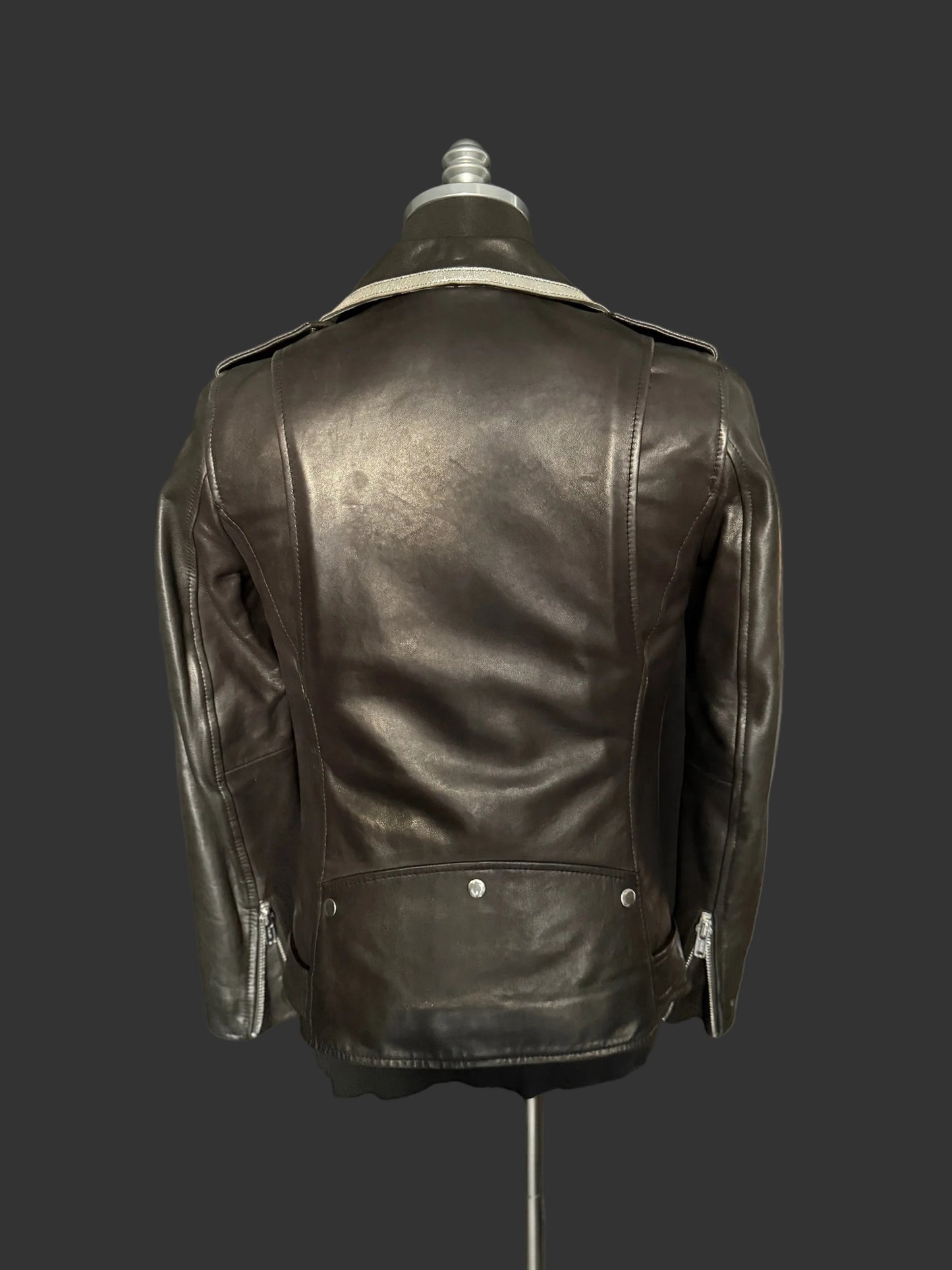Black with Silver Trim Collar Multi Zipper Perfecto Leather Jacket by Christian Benner
