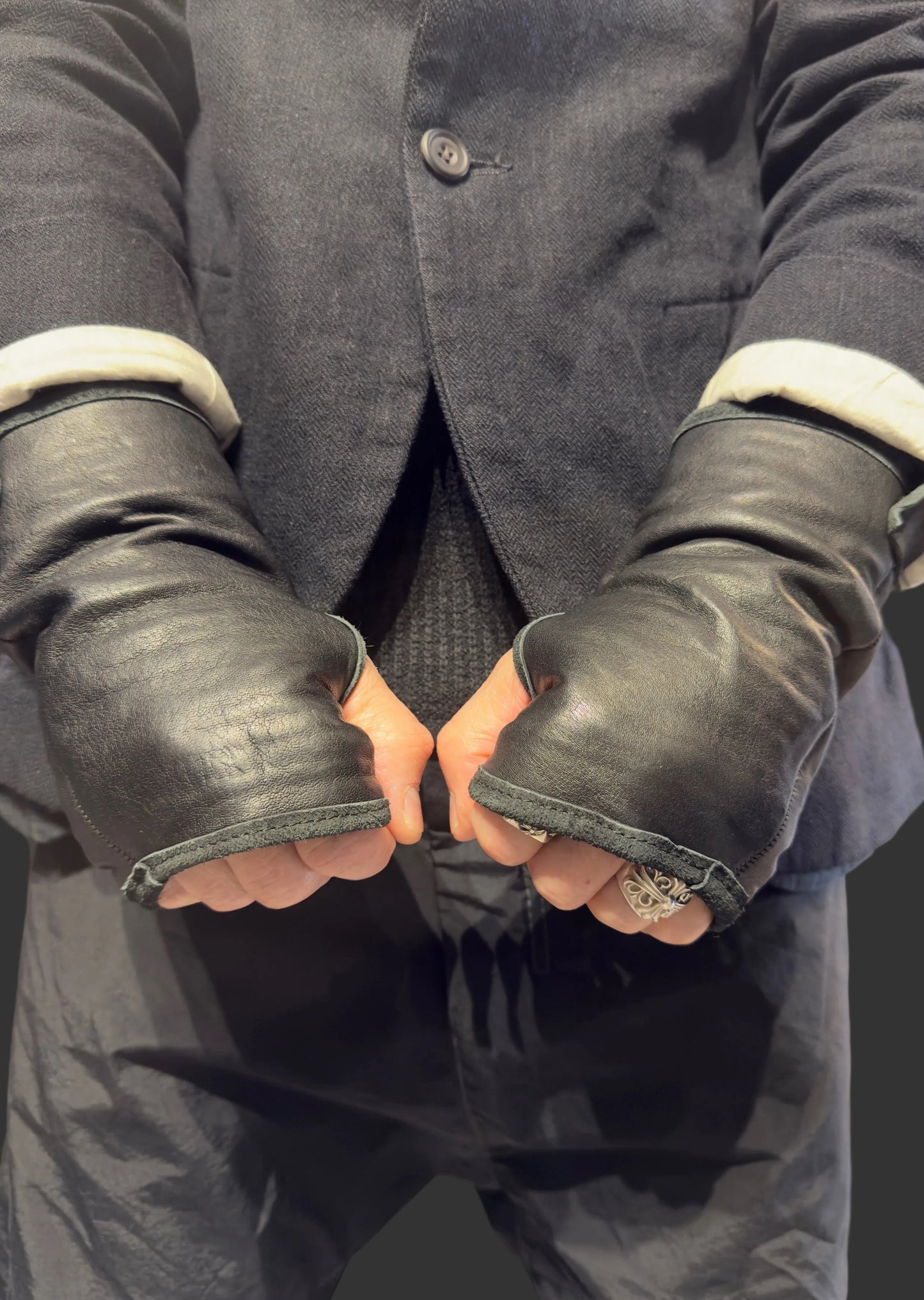 Black Raw Wool Fingerless Mitten Gloves