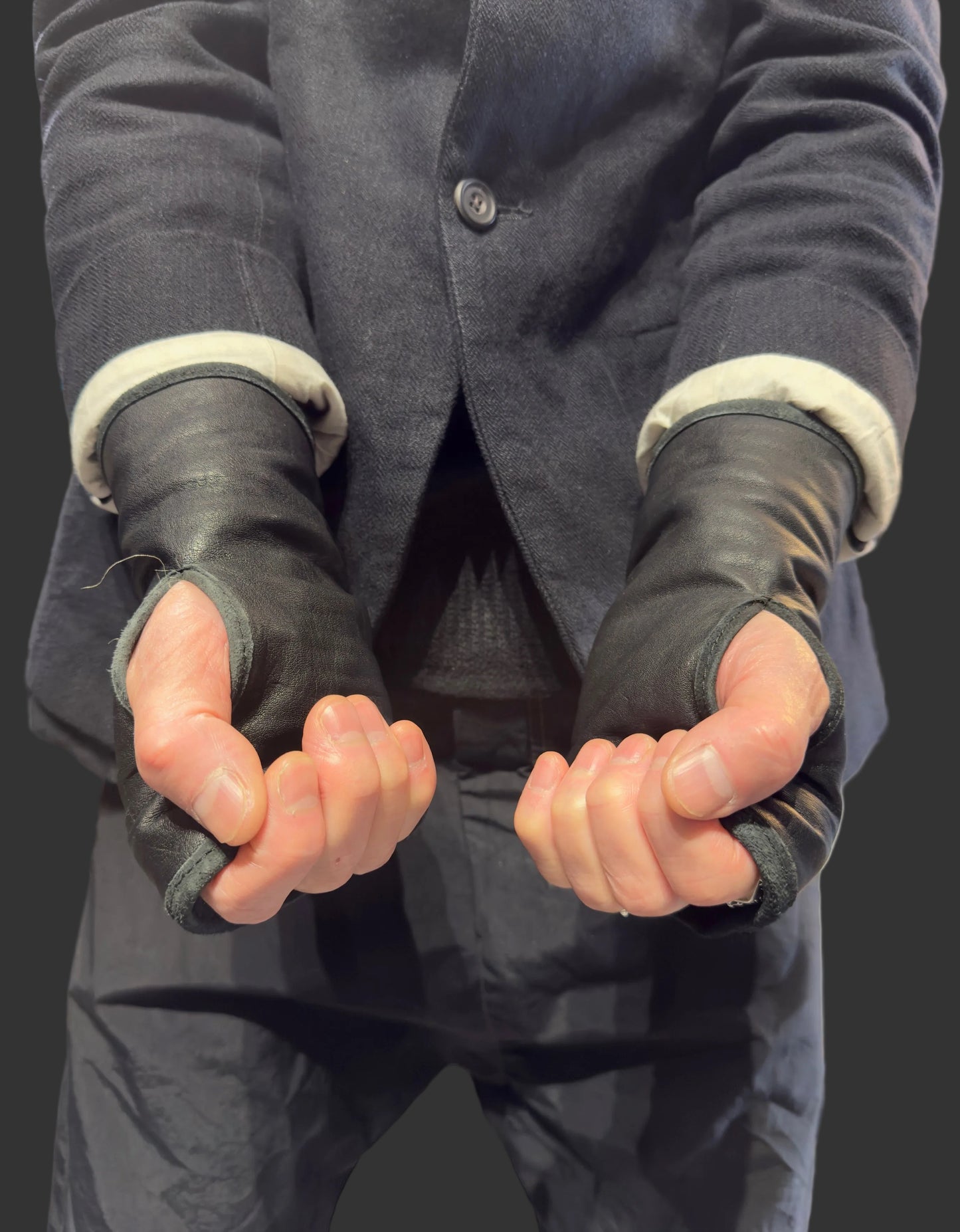 Black Raw Wool Fingerless Mitten Gloves