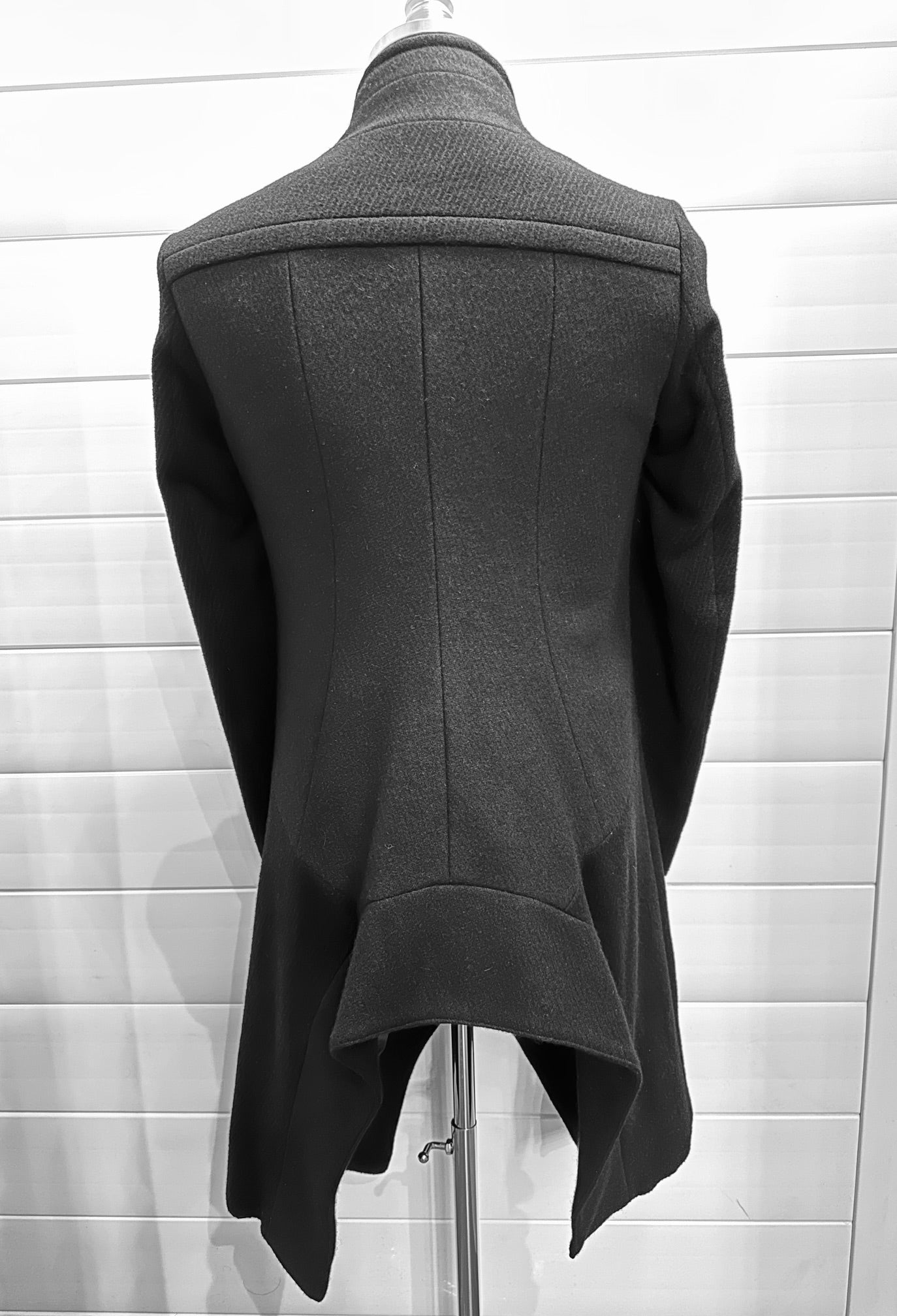 Black Wool Blend Asymmetrical Double Breasted Button Closure Paneled Riding Coat by Julius