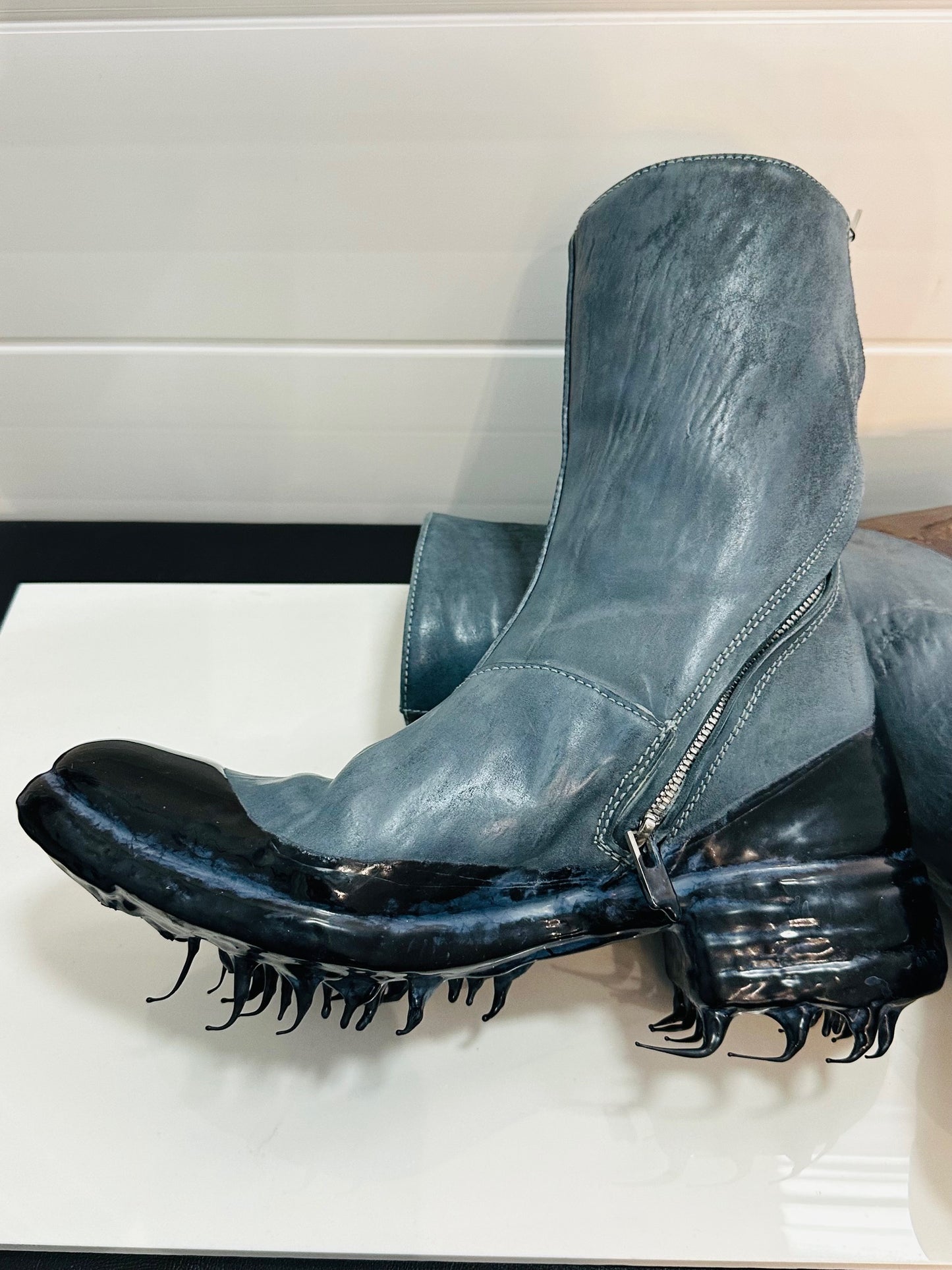 Blue Grey Object Dyed Lined Diagonal Zip Black Rubber Drip Goodyear Boots by Carol Christian Poell