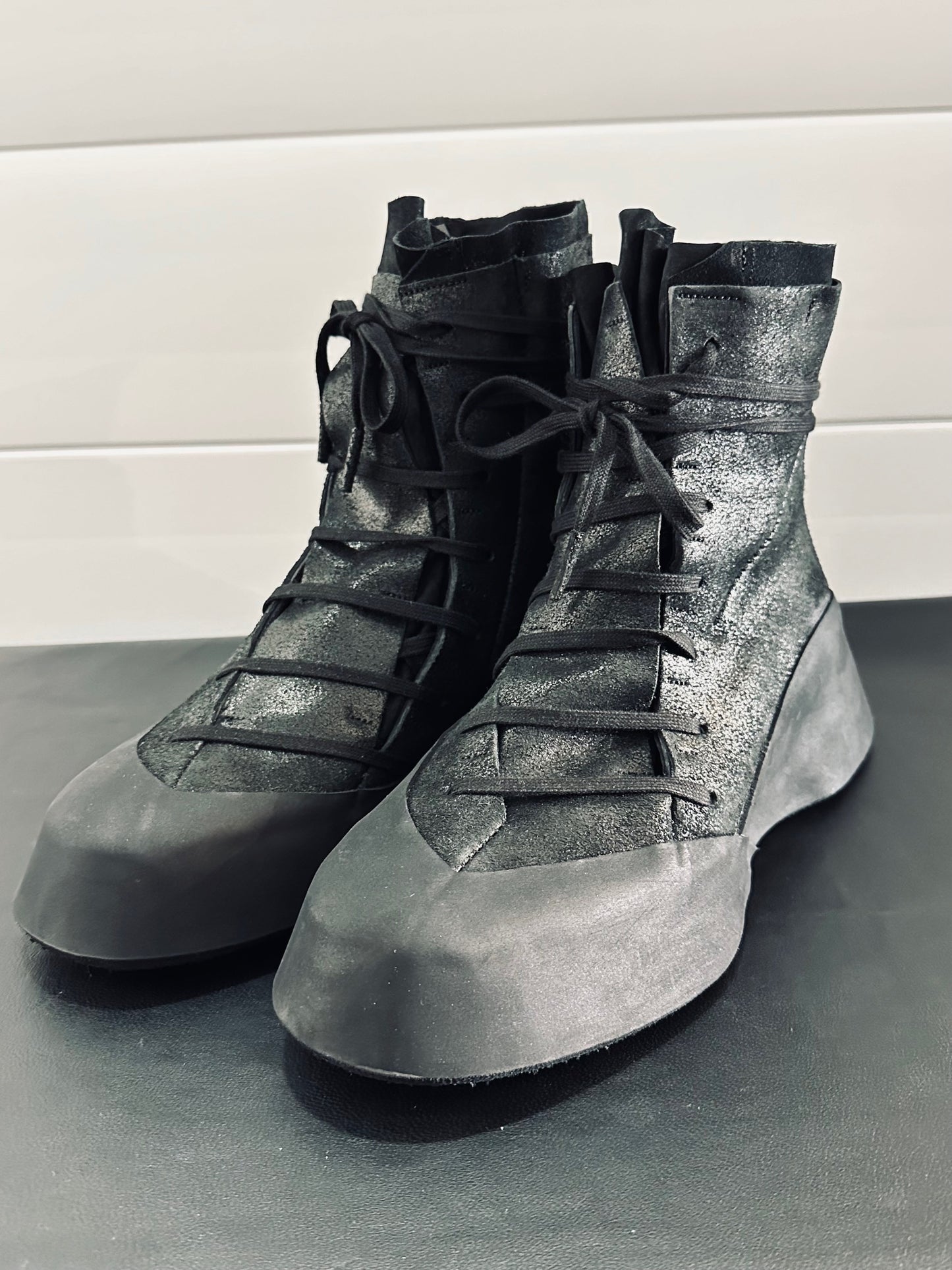 Black Distortion Featherweight Hi-Top Resin Reverse Horse Leather Sneakers