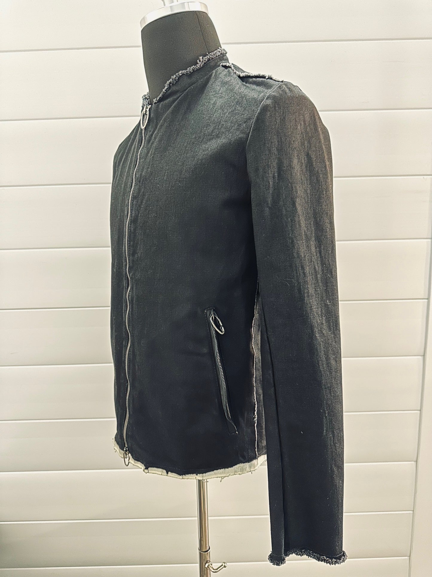 Black Denim Collarless Zipper Jacket