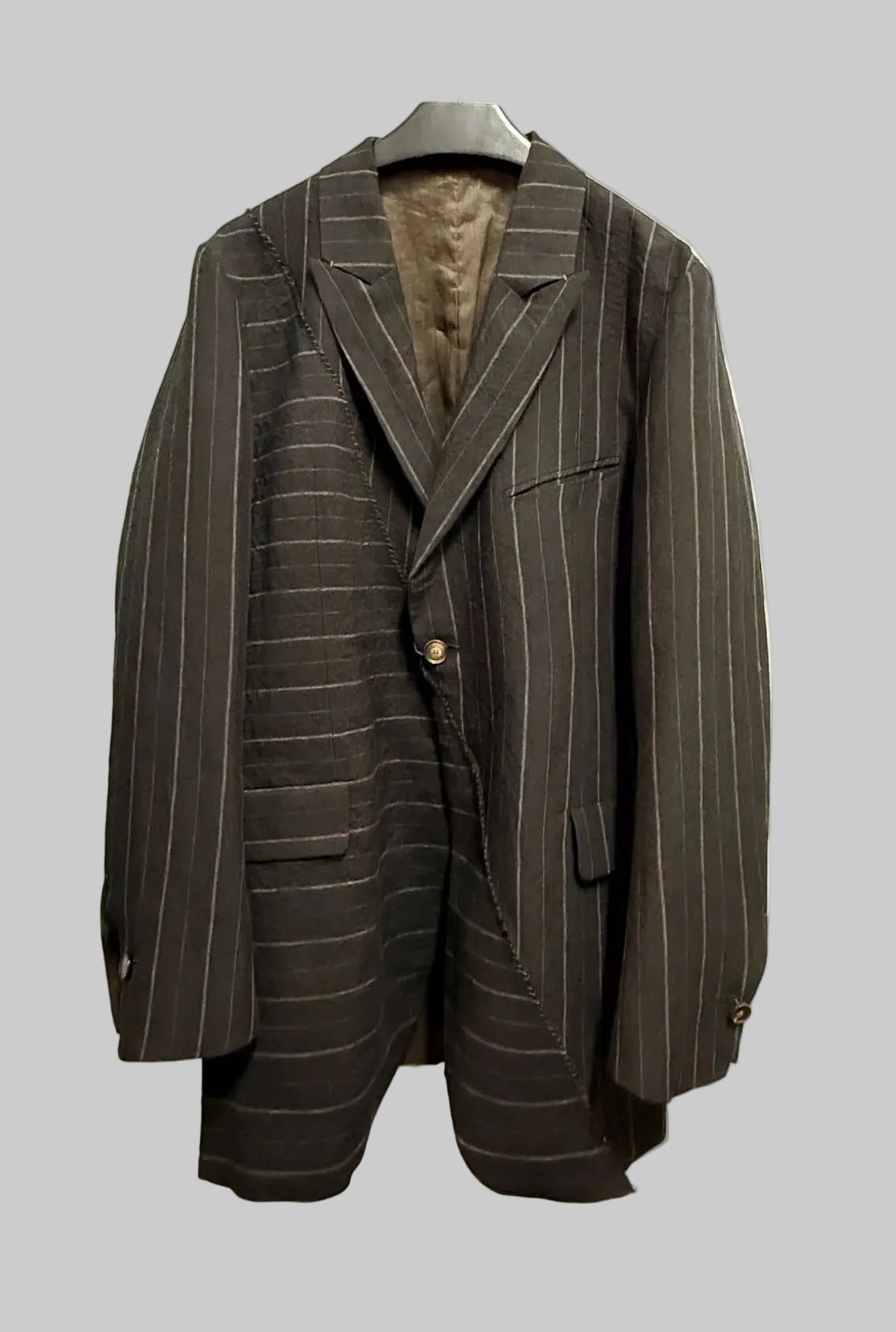 Off Black Stripe and Dark Brown Reversible Overlock Stitched Long Jacket