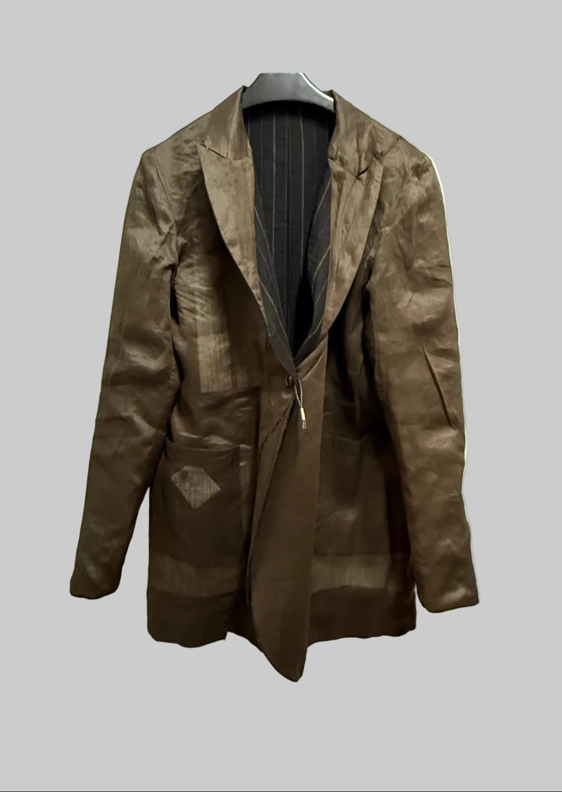 Off Black Stripe and Dark Brown Reversible Overlock Stitched Long Jacket