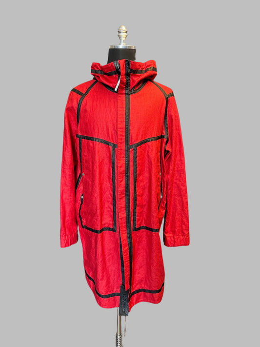 Chili Red Reversible Tape Seams Resin Linen Zipper Hooded Parka