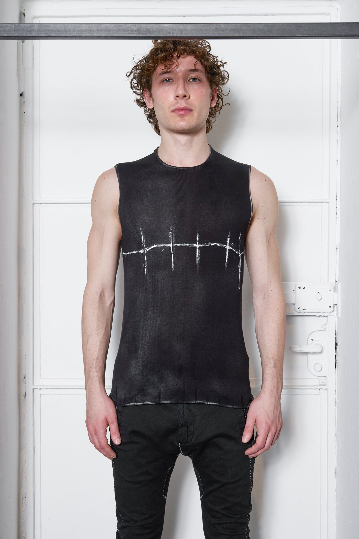 Black with Black Hand Painted CROSS Sleeveless Sweater