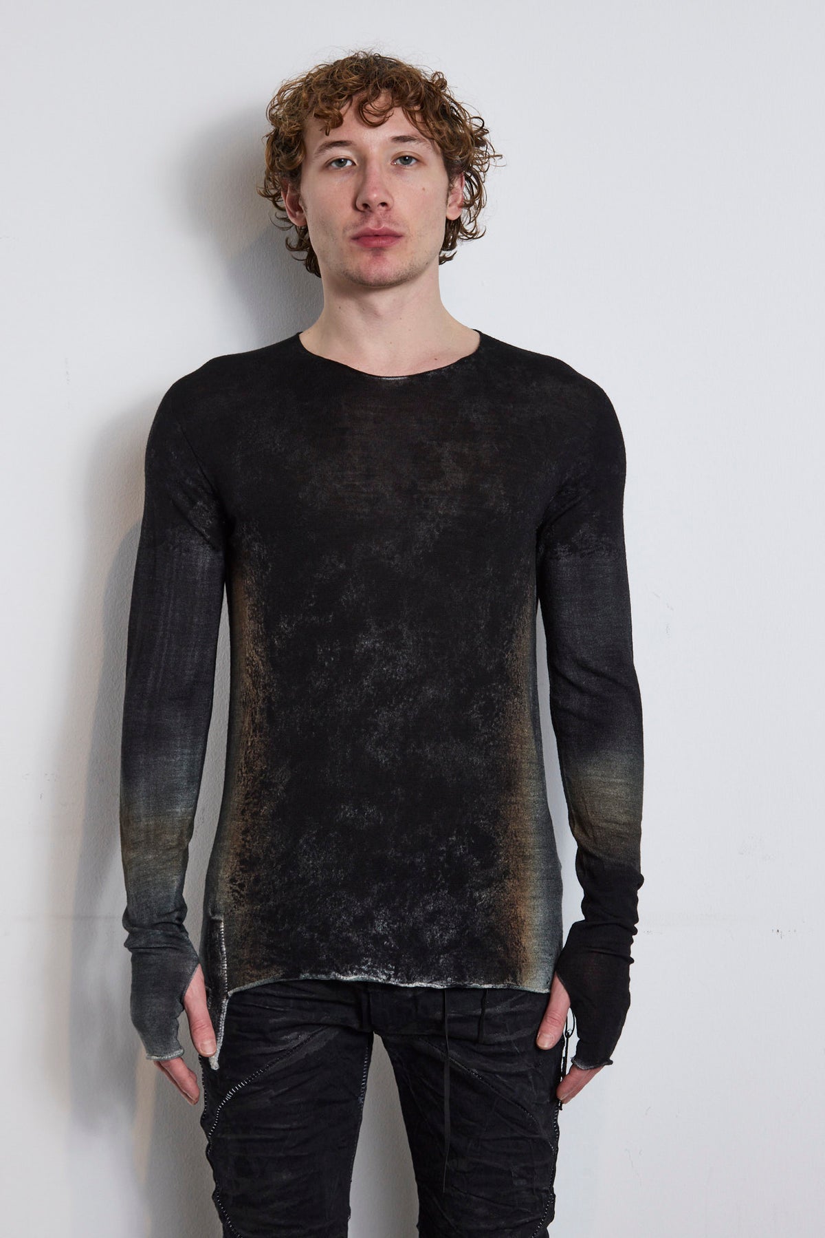 Black Brown Grey Hand Dyed Abstract Print Light Wool Sweater