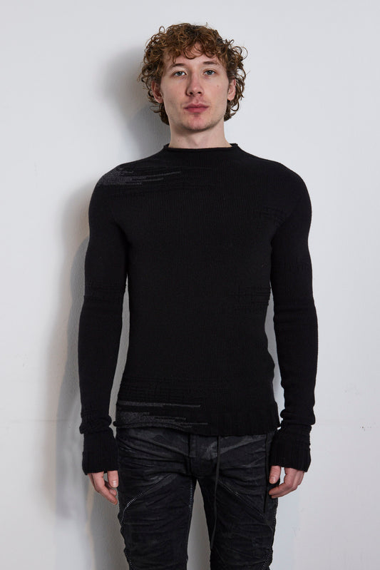 Black Grey Melange Pattern Soft Wool Roll Neck Sweater