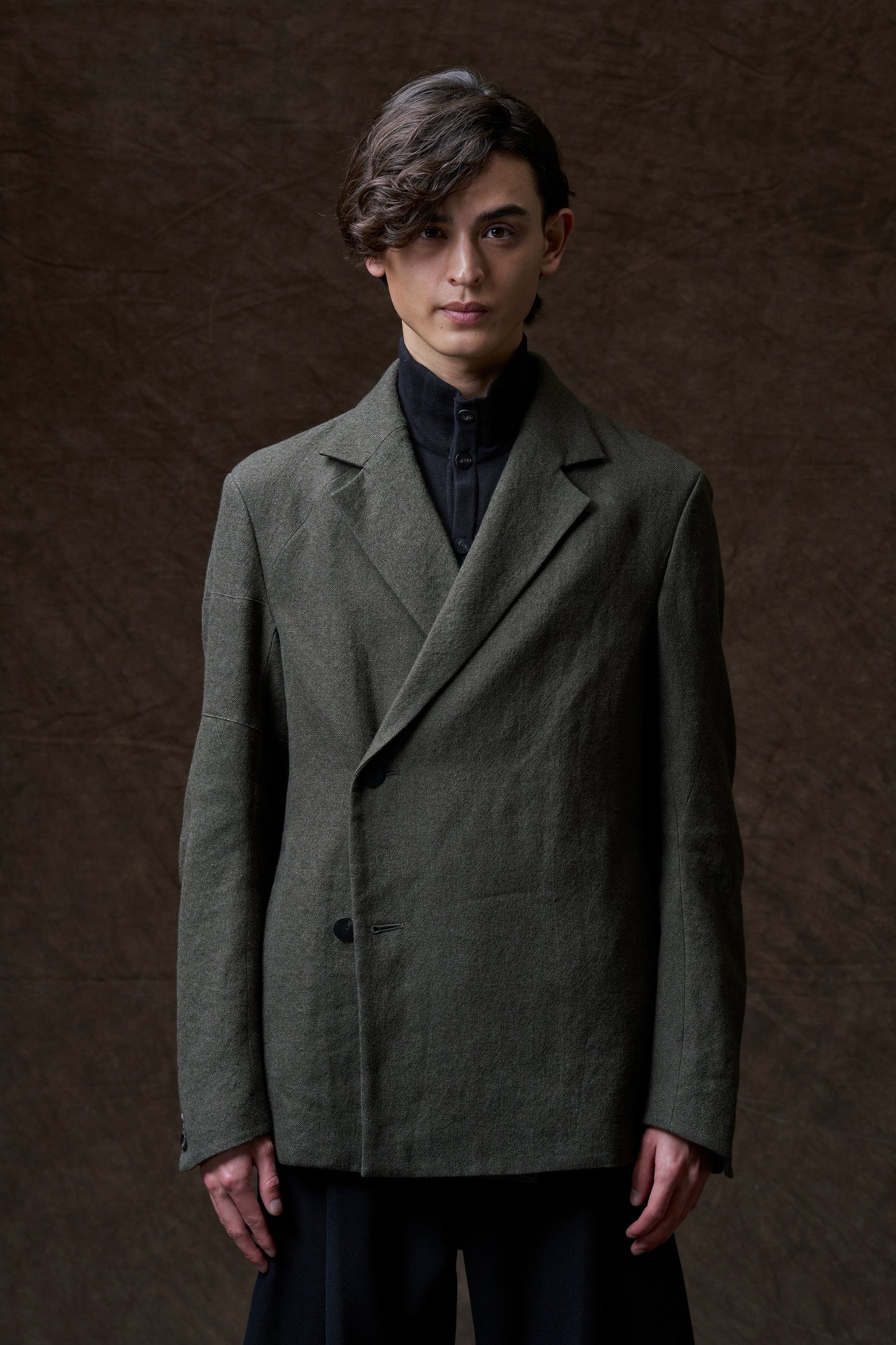 Olive Double Breasted Shrink Wool Jacket