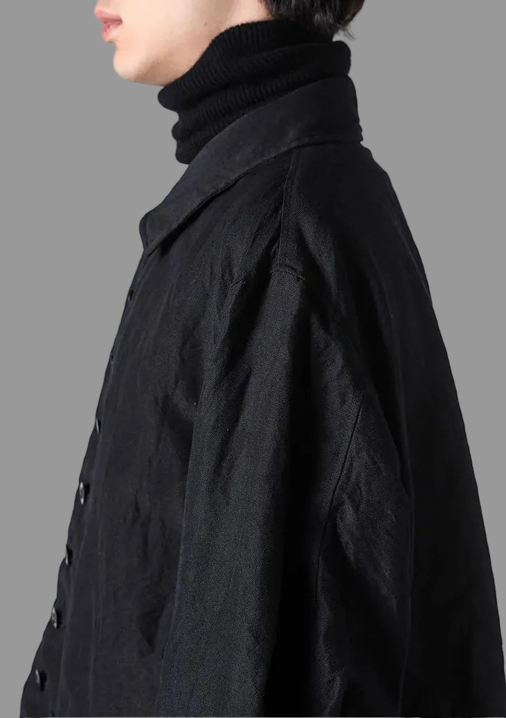 Black Wool Linen Multi Button Curved Arm Blouson