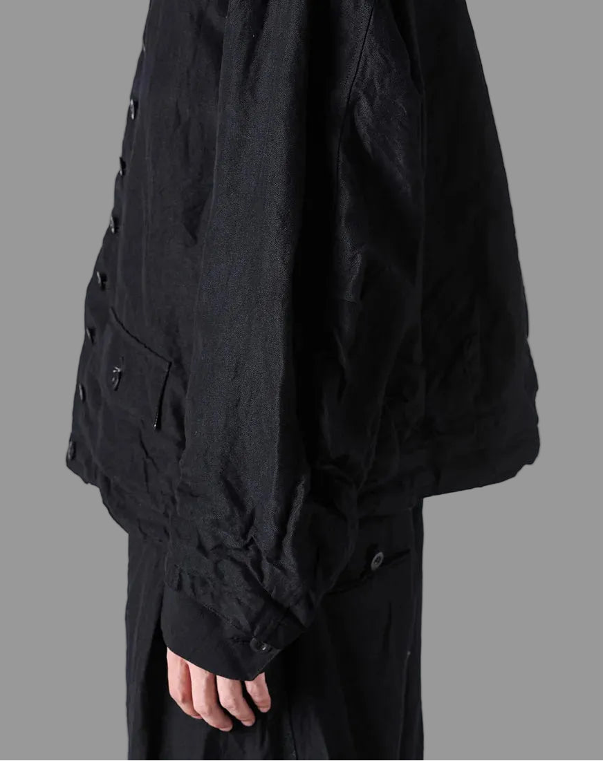 Black Wool Linen Multi Button Curved Arm Blouson