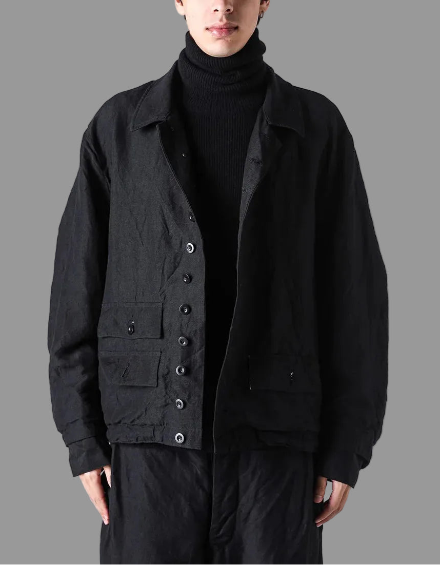 Black Wool Linen Multi Button Curved Arm Blouson