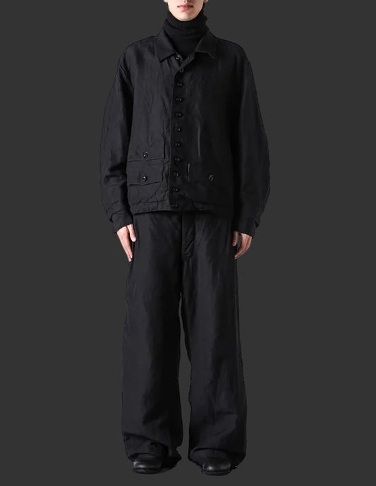Black Wool Linen Multi Button Curved Arm Blouson