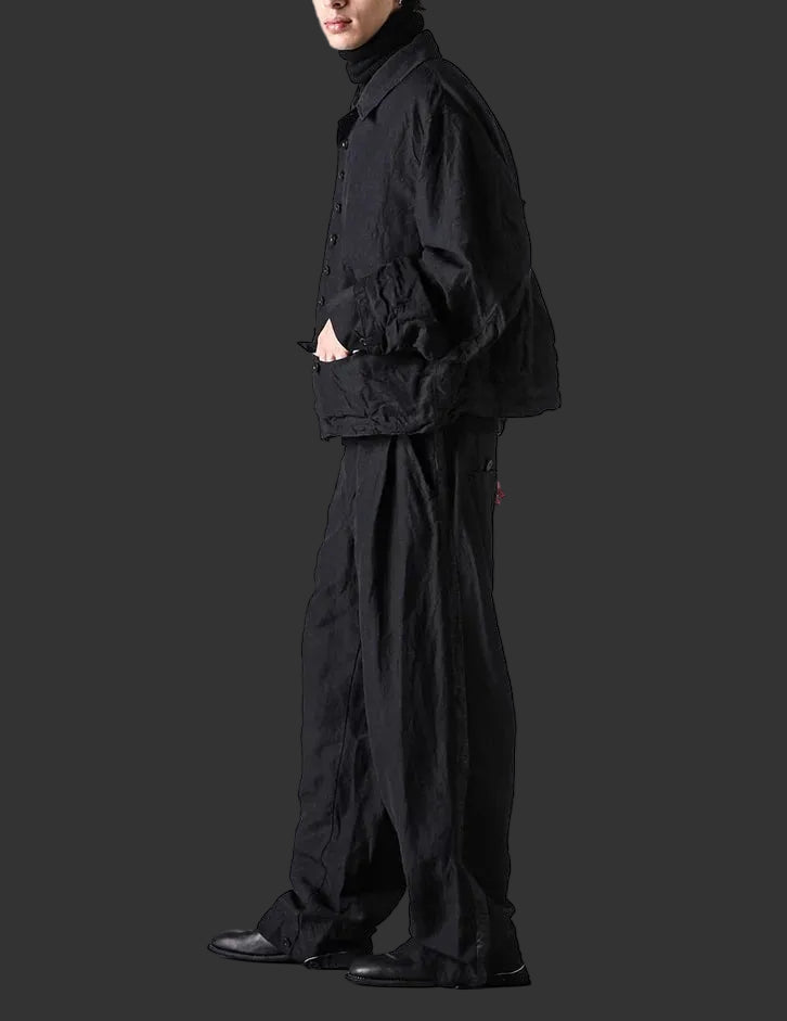 Black Wool Linen Multi Button Curved Arm Blouson