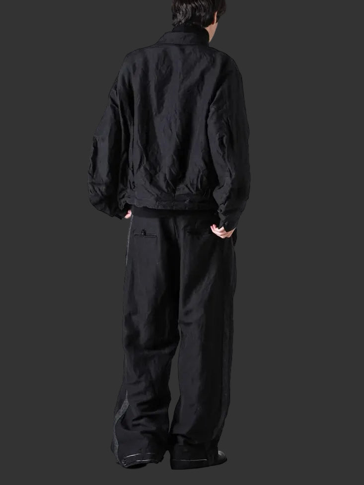 Black Wool Linen Multi Button Curved Arm Blouson