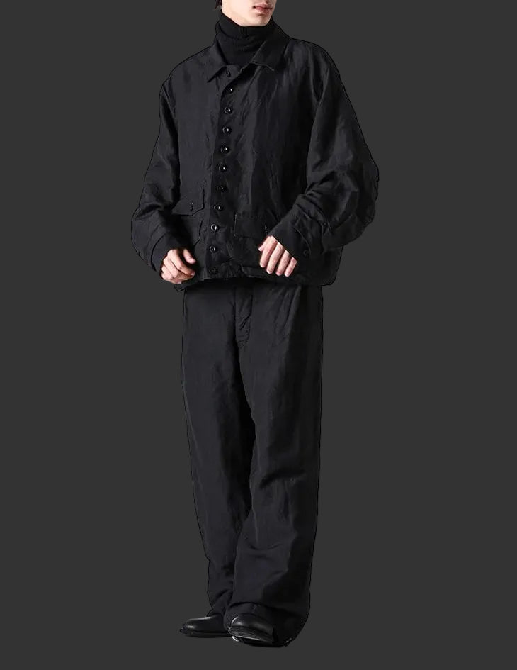 Black Wool Linen Multi Button Curved Arm Blouson