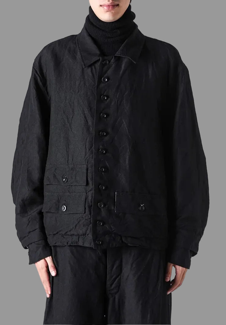 Black Wool Linen Multi Button Curved Arm Blouson