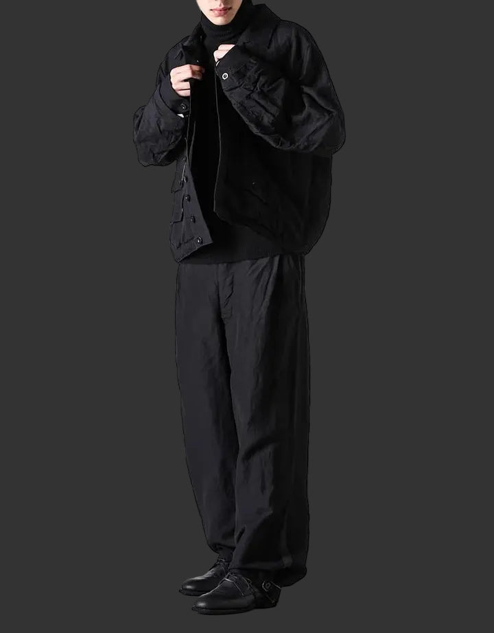 Black Wool Linen Multi Button Curved Arm Blouson