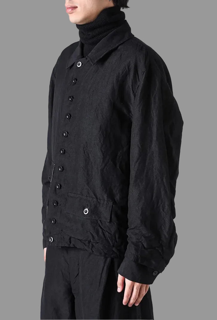 Black Wool Linen Multi Button Curved Arm Blouson