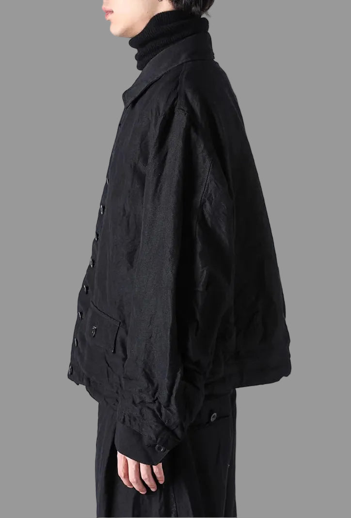 Black Wool Linen Multi Button Curved Arm Blouson