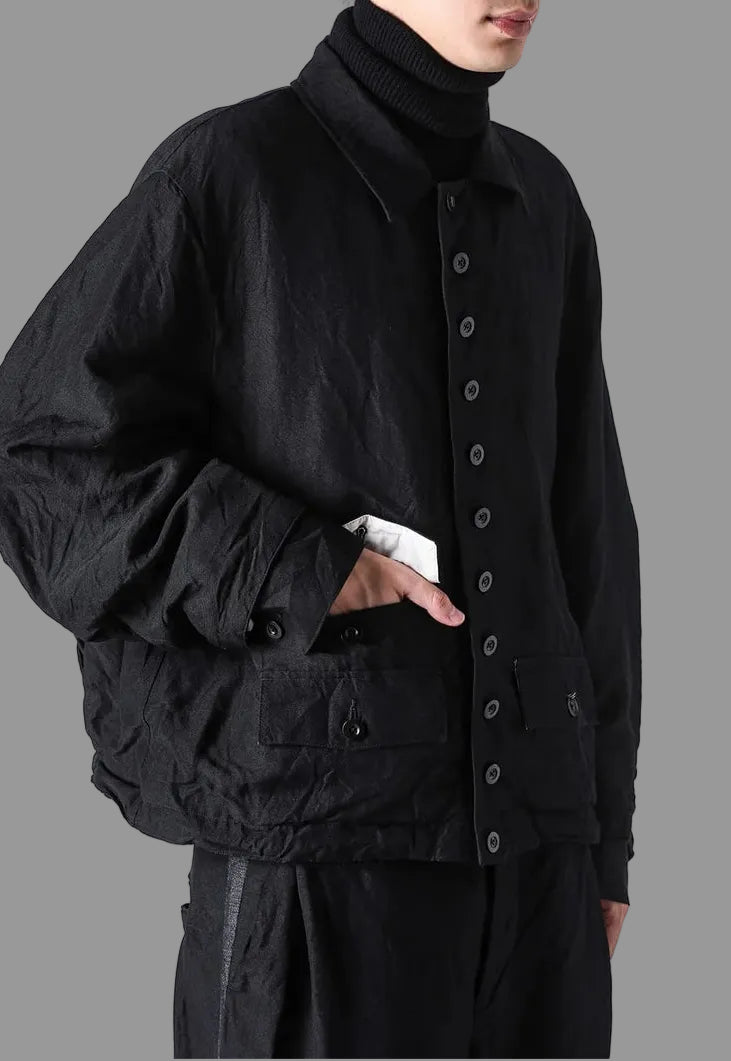 Black Wool Linen Multi Button Curved Arm Blouson