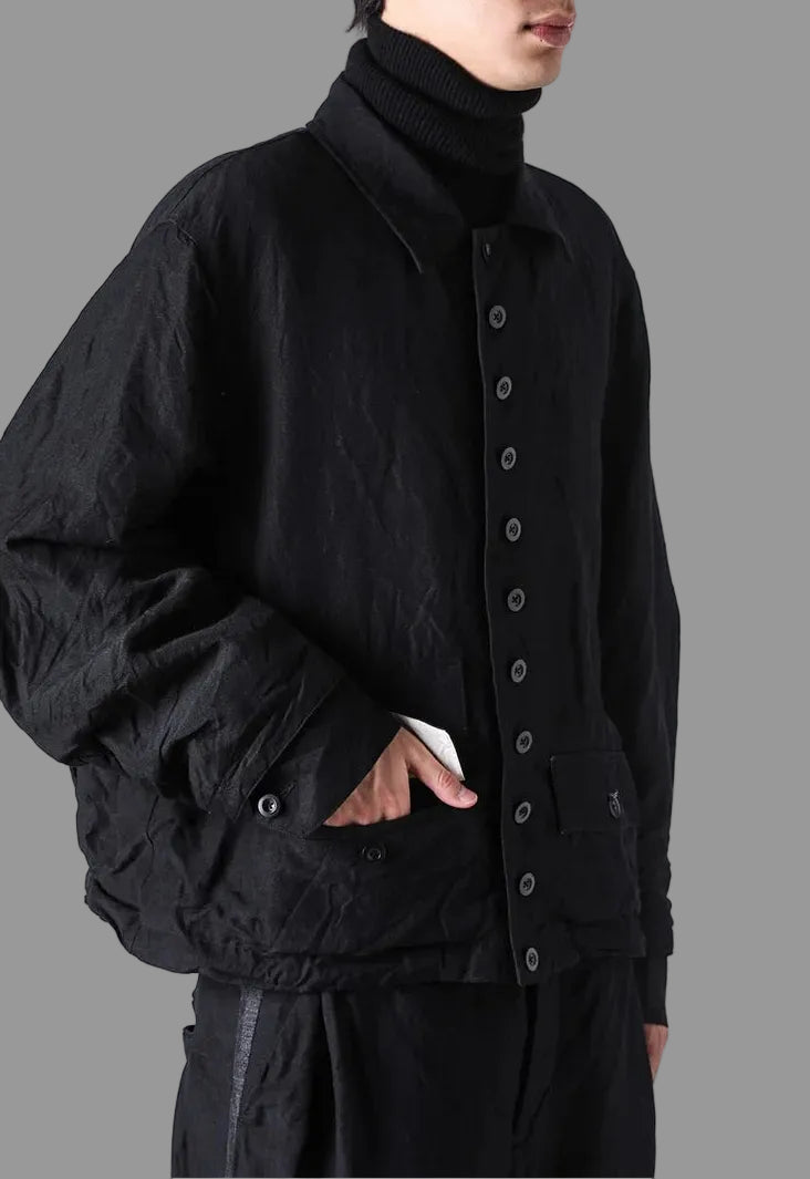 Black Wool Linen Multi Button Curved Arm Blouson