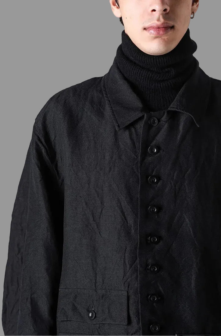 Black Wool Linen Multi Button Curved Arm Blouson