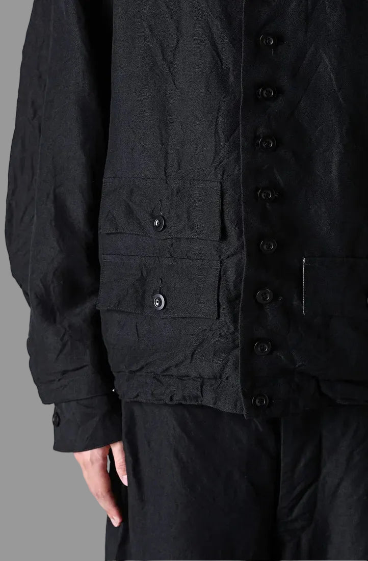 Black Wool Linen Multi Button Curved Arm Blouson