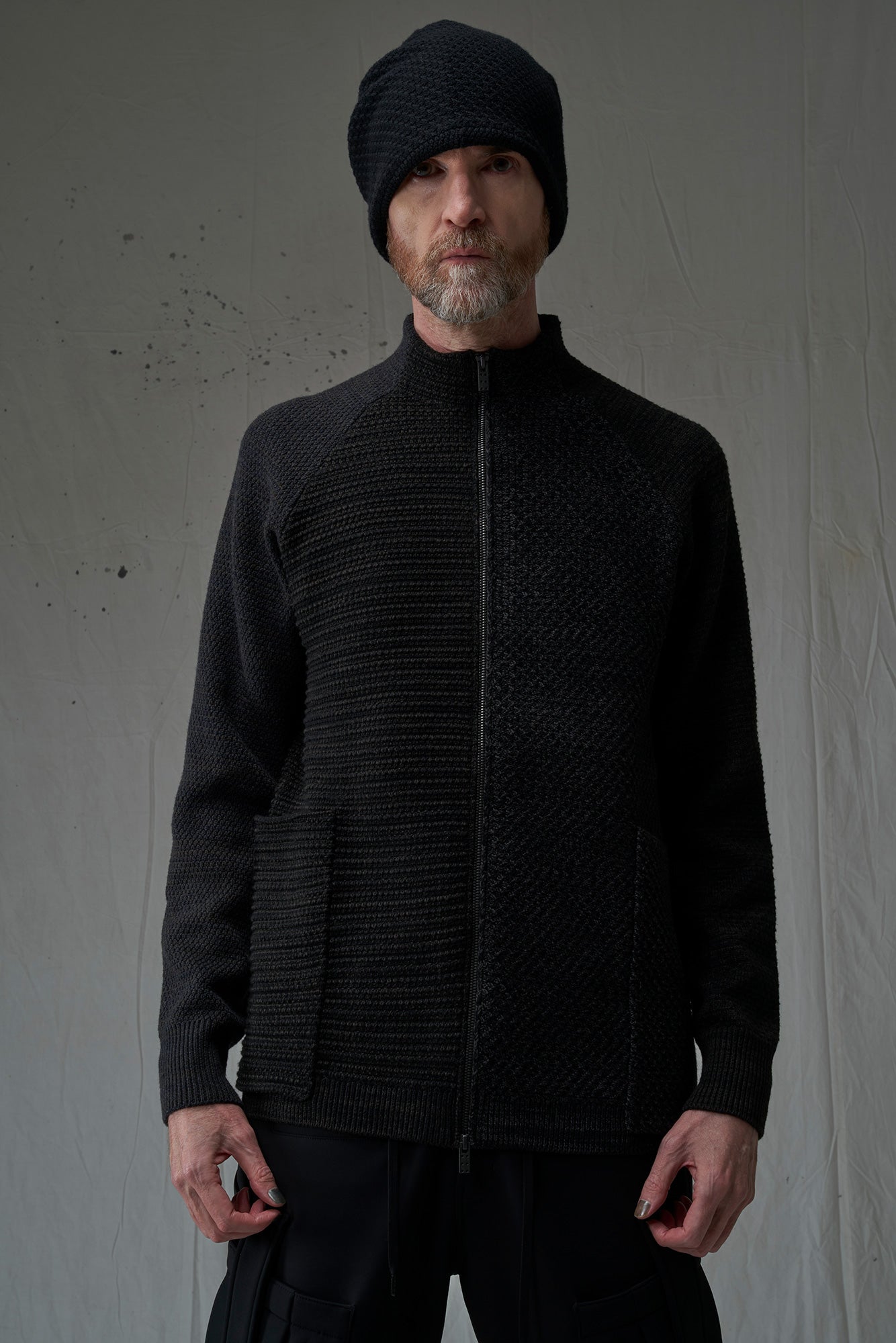 Deep Sea Black Hi-Collar Cotton Cashmere Wool Knit Zipper Cardigan