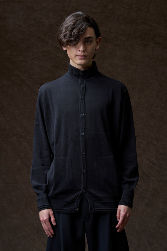 Black High Collar Knit Cardigan Shirt
