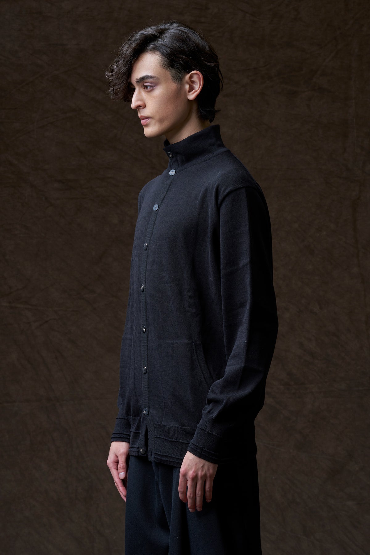 Black High Collar Knit Cardigan Shirt