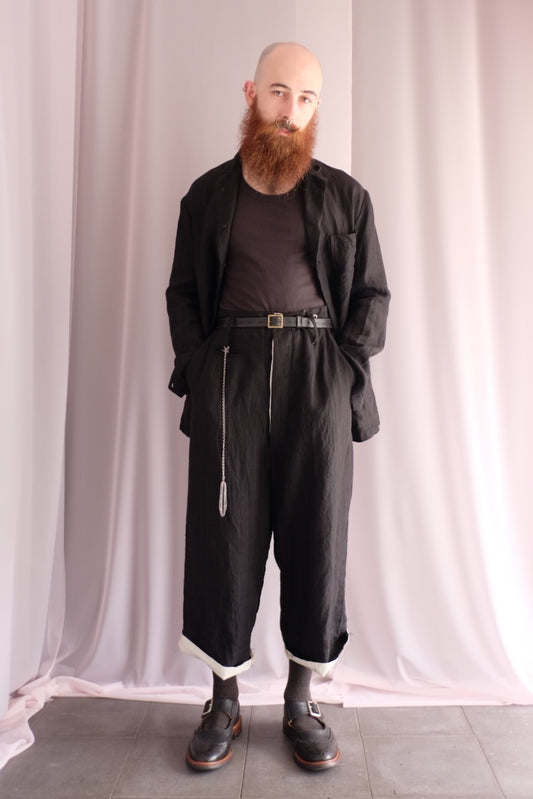 Black Ramie Cotton Cropped Straight Trousers
