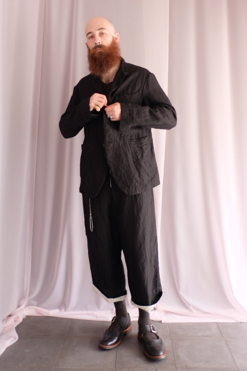 Black Ramie Cotton Cropped Straight Trousers