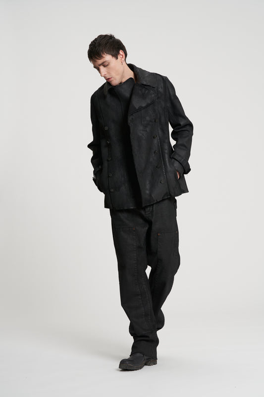 Black Double Breasted Pea Jacket Rubberized Melton Wool