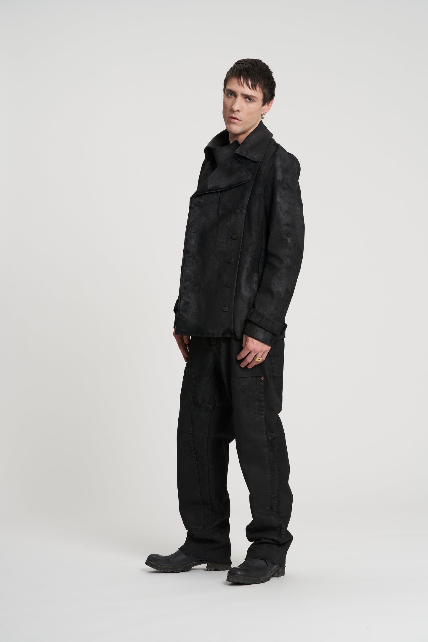 Black Double Breasted Pea Jacket Rubberized Melton Wool