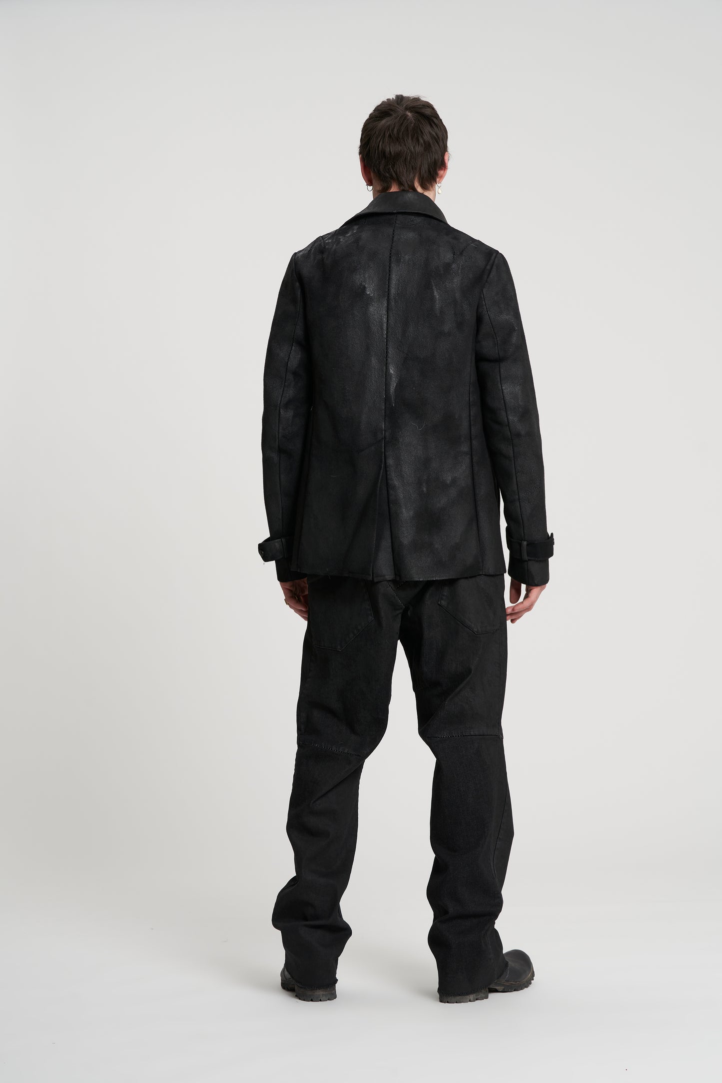 Black Double Breasted Pea Jacket Rubberized Melton Wool