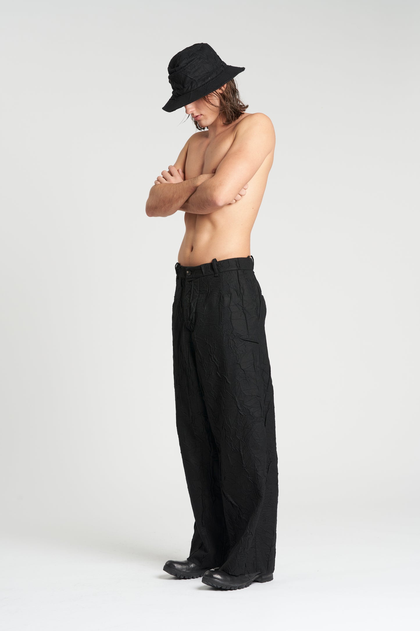 Black Wide Leg Crumpled Wool Pant