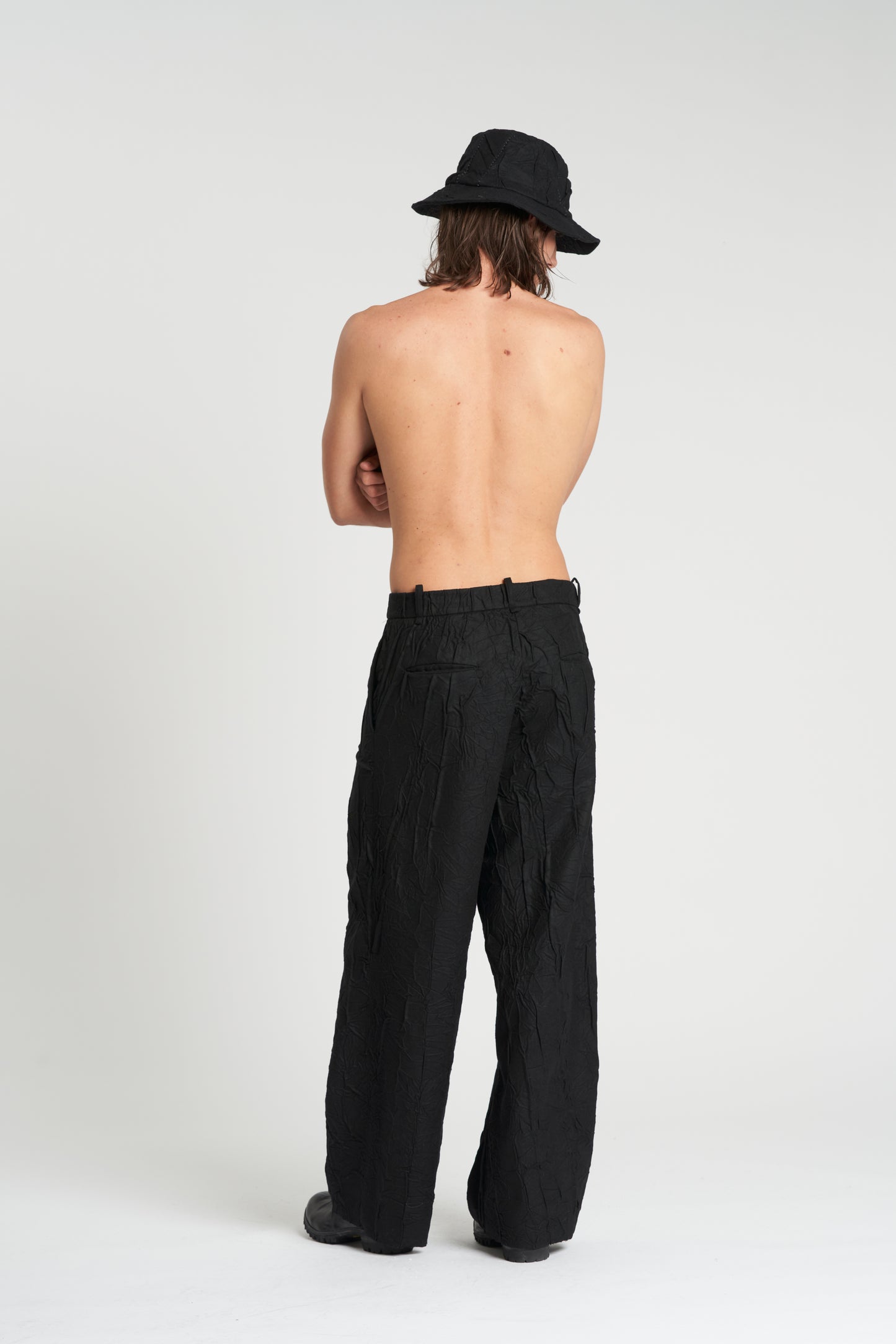 Black Wide Leg Crumpled Wool Pant