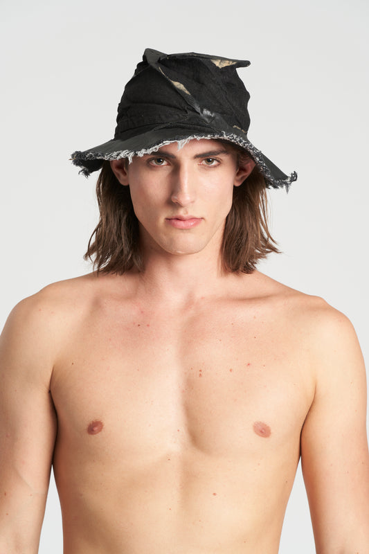 Black Vertically Crushed Cotton Denim + Laminated Paper Hat