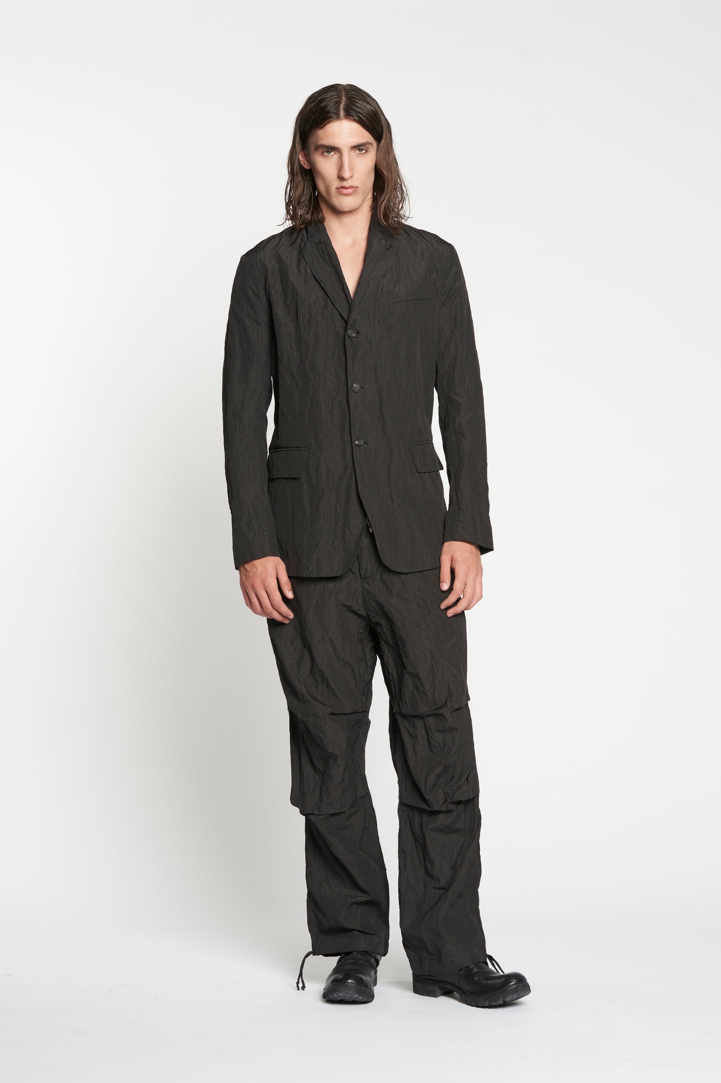 Black Fine Stripe Crumpled Cotton Metal 3 Button Soft Blazer