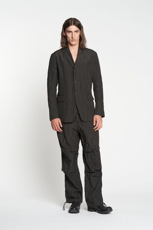 Black Fine Stripe Crumpled Cotton Metal 3 Button Soft Blazer